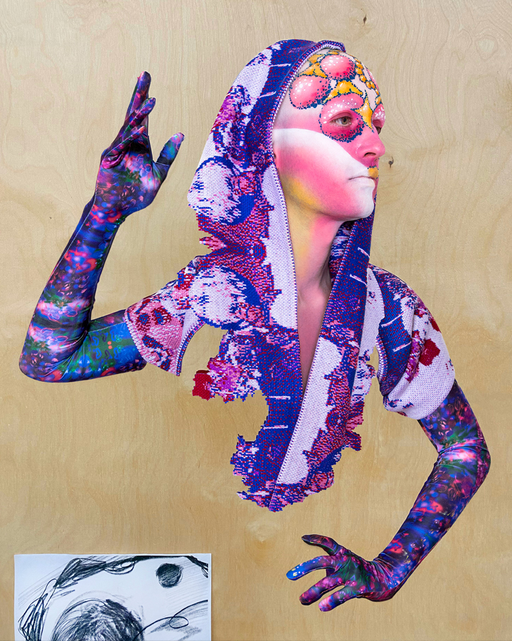 Vinyl cutout of Jesse in colorful makeup collaged onto a wooden board